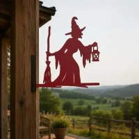 Witch with Broom & Lantern Garden Sign – Halloween Plywood Silhouette 60 cm