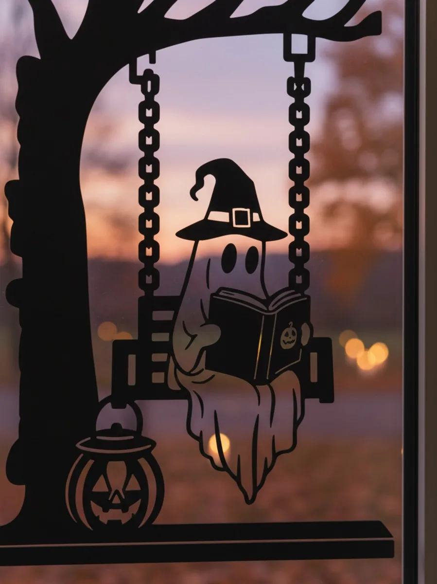Ghost on Swing Wall Art – Halloween Ghost Reading Book on a Swing – Birch Plywood