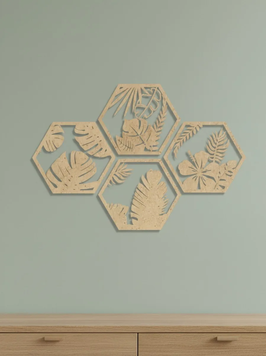 Tropical Hexagon Wall Decor, Set of 5 (Natural MDF)