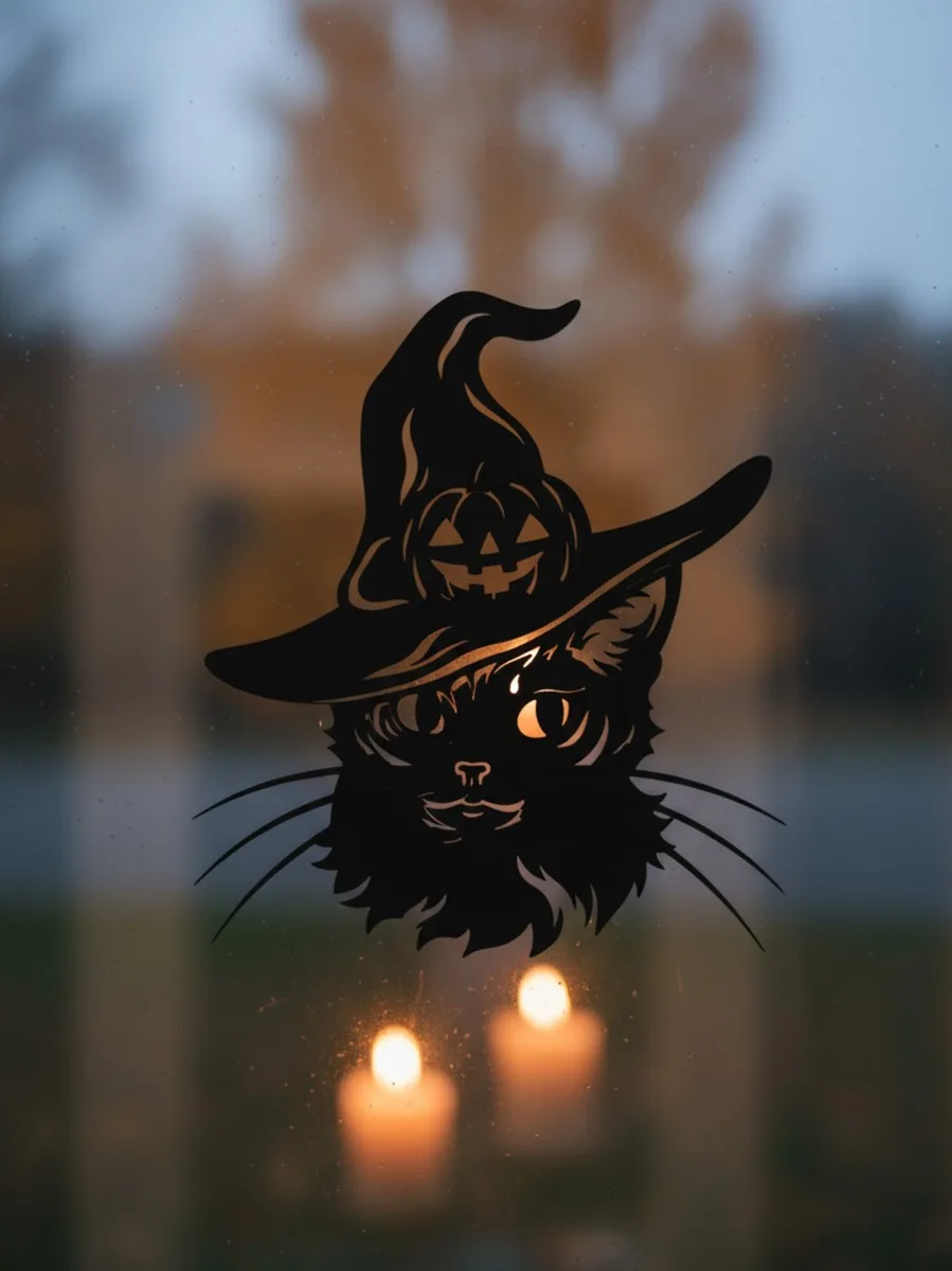 Kat in heksenhoed wanddecoratie – jack-o’-lantern op de hoed – berkenmultiplex