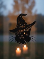 Kat in heksenhoed wanddecoratie – jack-o’-lantern op de hoed – berkenmultiplex