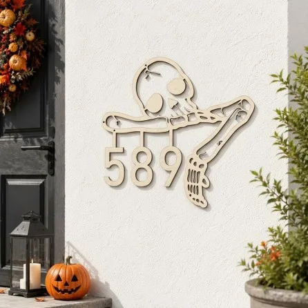 Halloween Skeleton House Number Sign – Custom Address Numbers, Skull & Bone