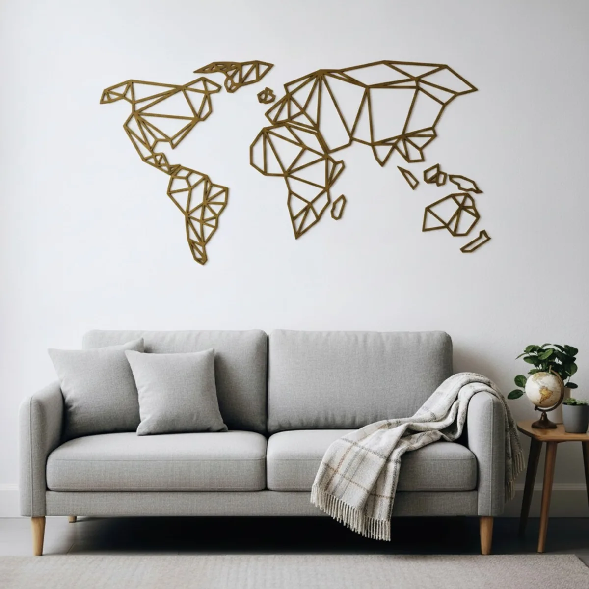 Origami World Map Plywood Wall Decor – Geometric Wireframe Map 100x50 cm