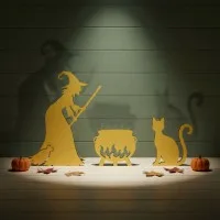 Witch with Cauldron and Cat — Halloween Wooden Silhouette Set