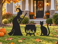 Witch with Cauldron and Cat — Halloween Wooden Silhouette Set
