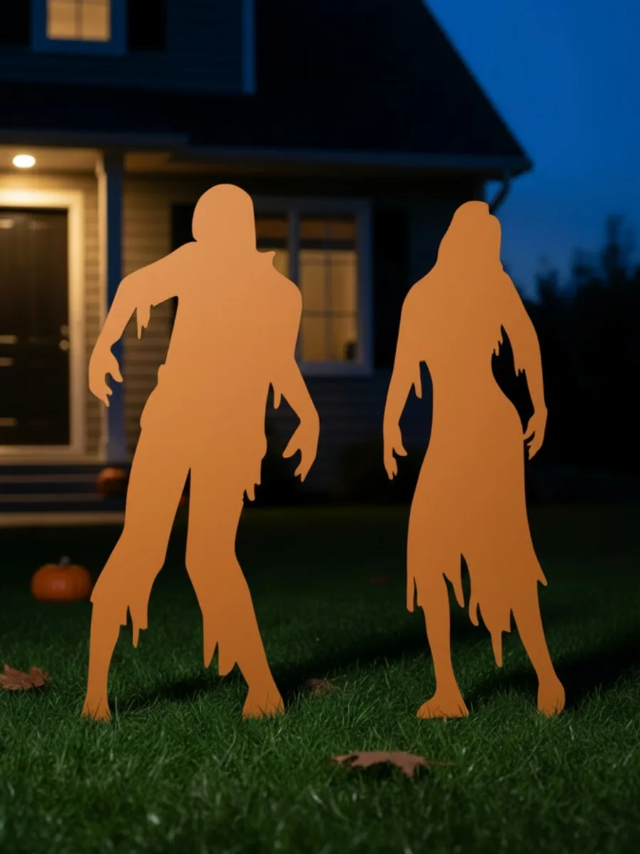 Couple de zombies Halloween pour jardin – Ensemble de 2 silhouettes en bois