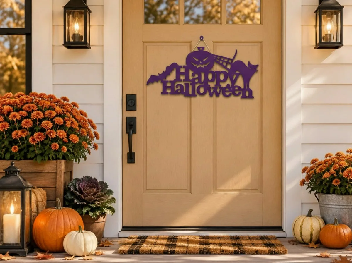 Happy Halloween bord van multiplex – Pompoen, zwarte kat & vleermuis