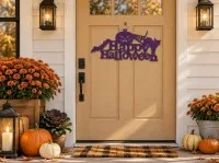Happy Halloween bord van multiplex – Pompoen, zwarte kat & vleermuis