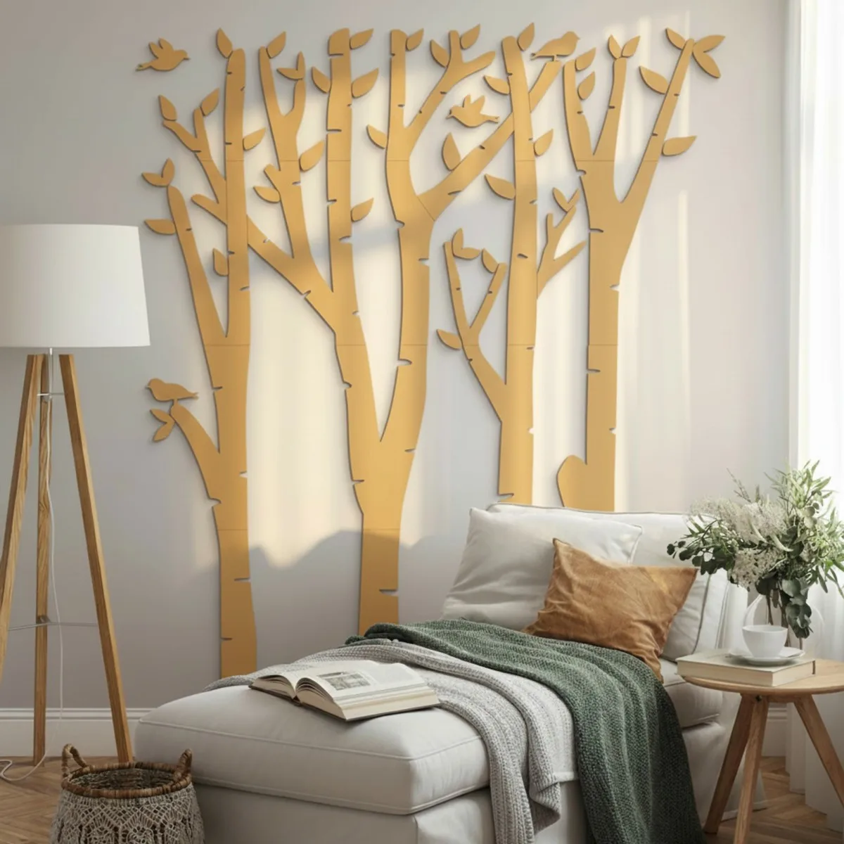 Plywood Wall Decor – Birch Forest with Birds, 120×140 cm
