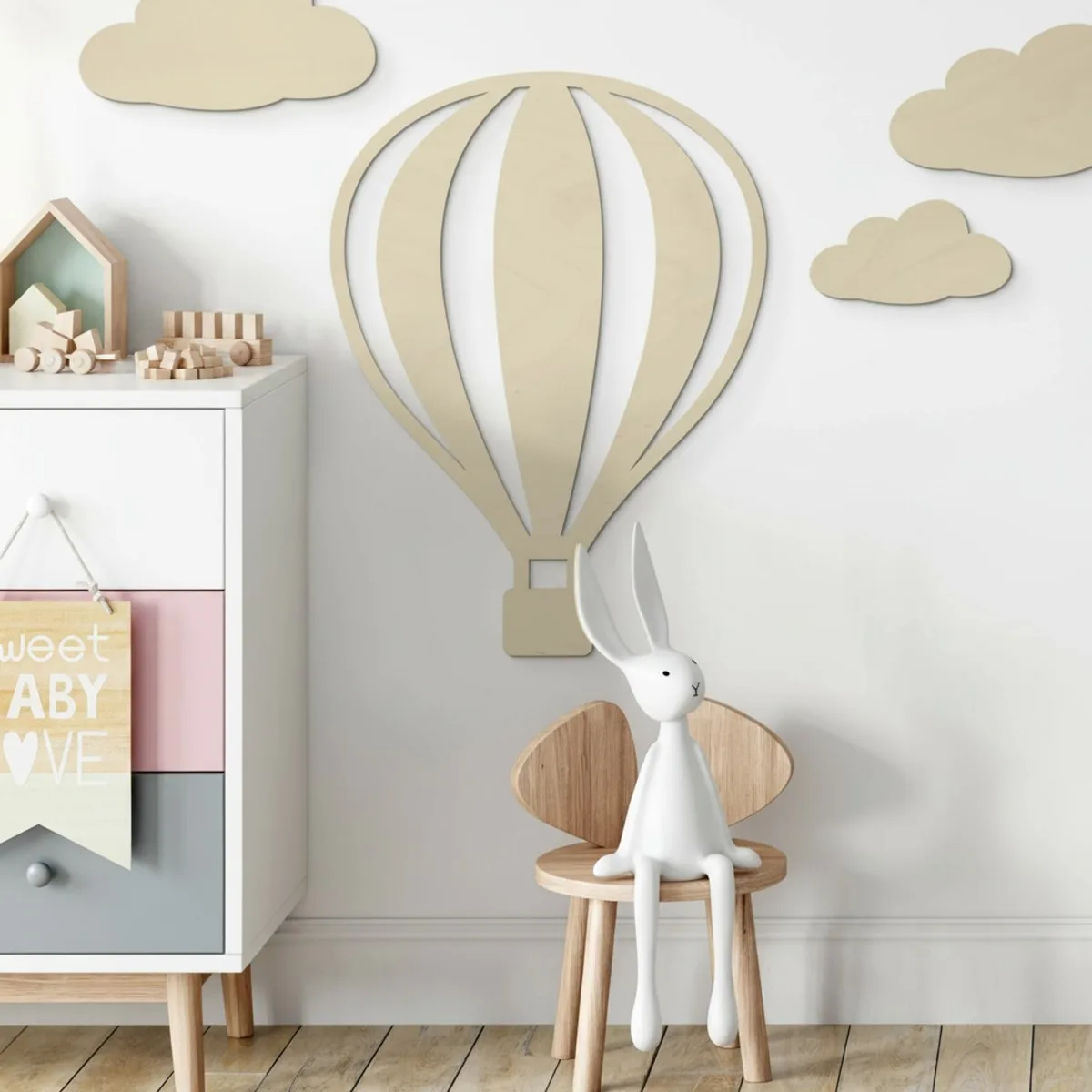 Birch Plywood Wall Decor - Hot Air Balloon with Vertical Lines