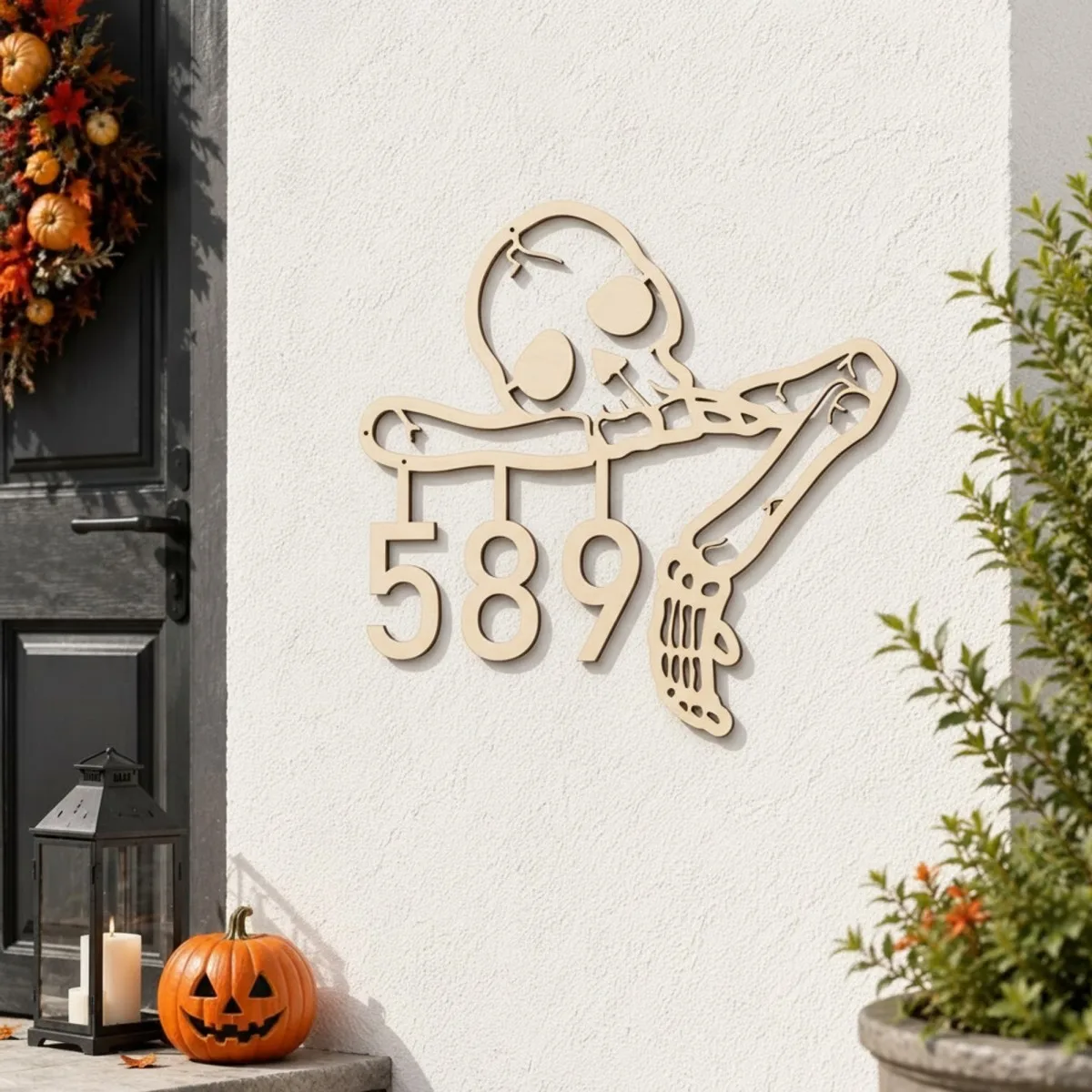 Halloween Skeleton House Number Sign – Custom Address Numbers, Skull & Bone