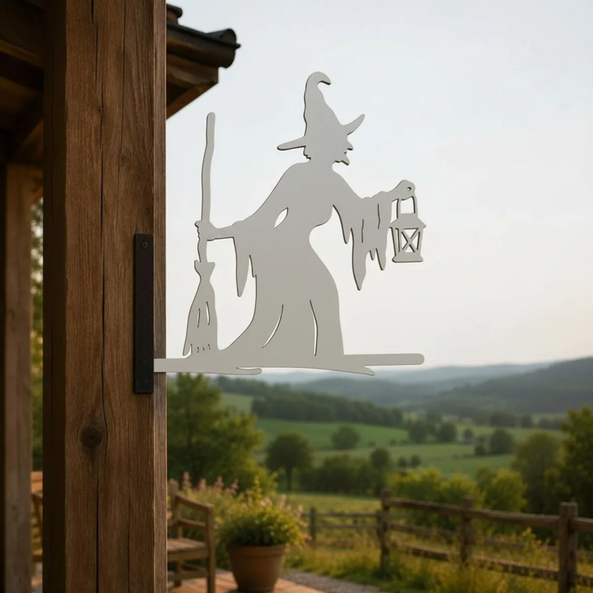 Witch with Broom & Lantern Garden Sign – Halloween Plywood Silhouette 60 cm