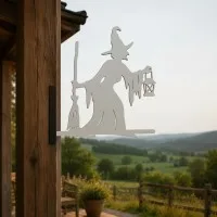 Witch with Broom & Lantern Garden Sign – Halloween Plywood Silhouette 60 cm