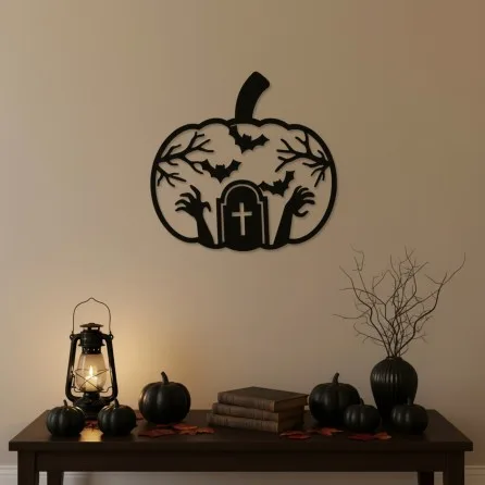 Pumpkin Grave Wall Art – Openwork Tombstone and Zombie Hands – Birch Plywood Halloween