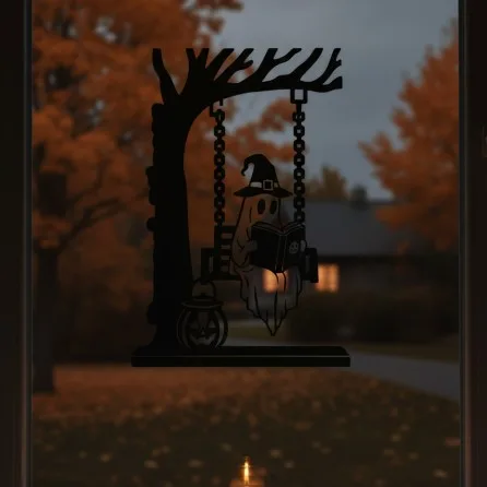 Geist auf Schaukel Wandbild – Halloween-Geist liest Buch auf Schaukel – Birken-Sperrholz