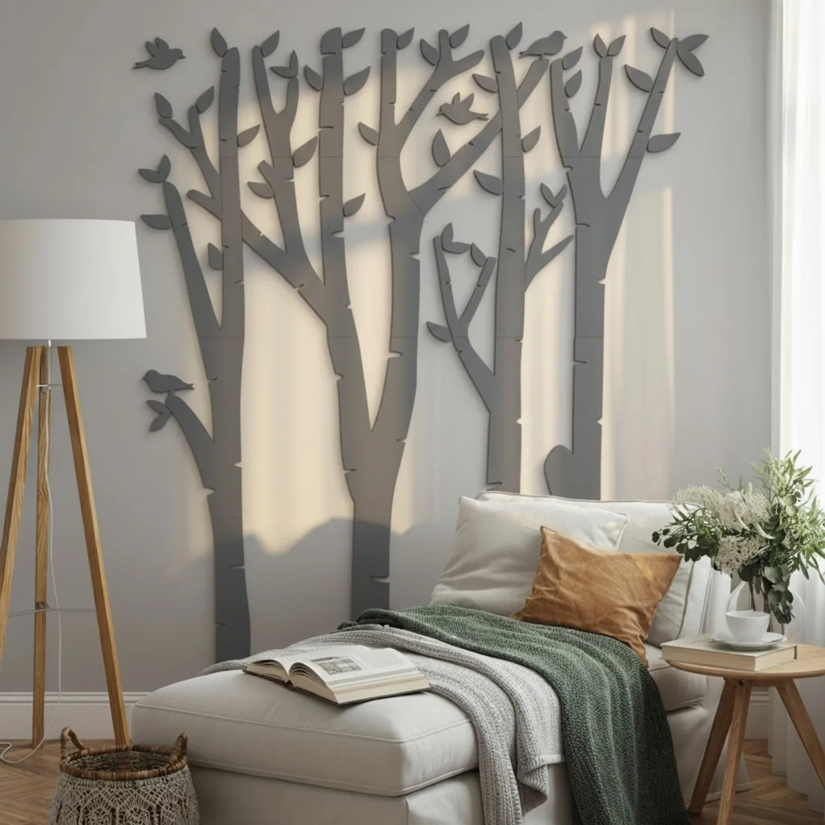 Plywood Wall Decor – Birch Forest with Birds, 120×140 cm