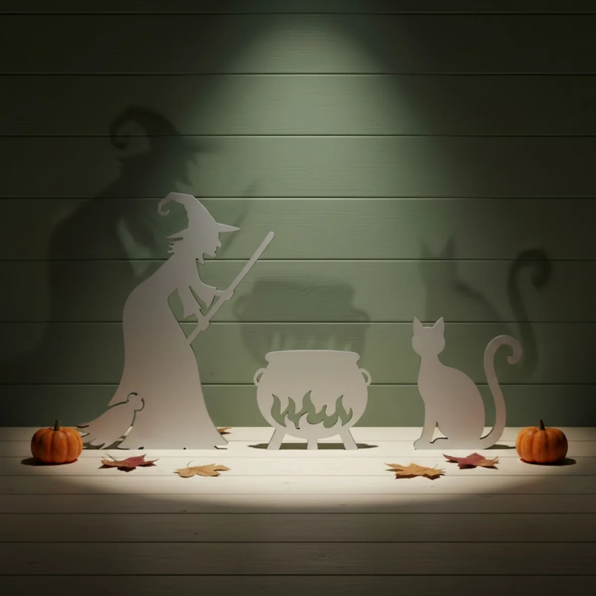 Witch with Cauldron and Cat — Halloween Wooden Silhouette Set
