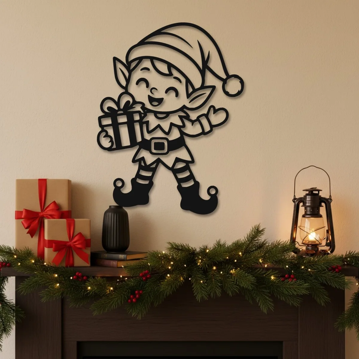 Christmas Elf with Gift Wall Decor – Birch Plywood