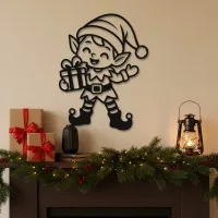 Christmas Elf with Gift Wall Decor – Birch Plywood