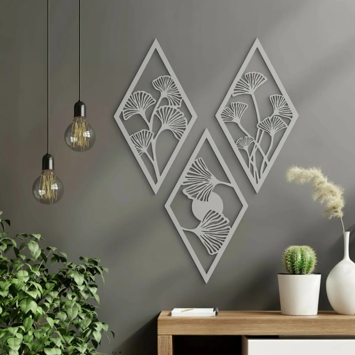 Birch Plywood Wall Decor – Ginkgo Leaf Diamond Set (3 pieces)