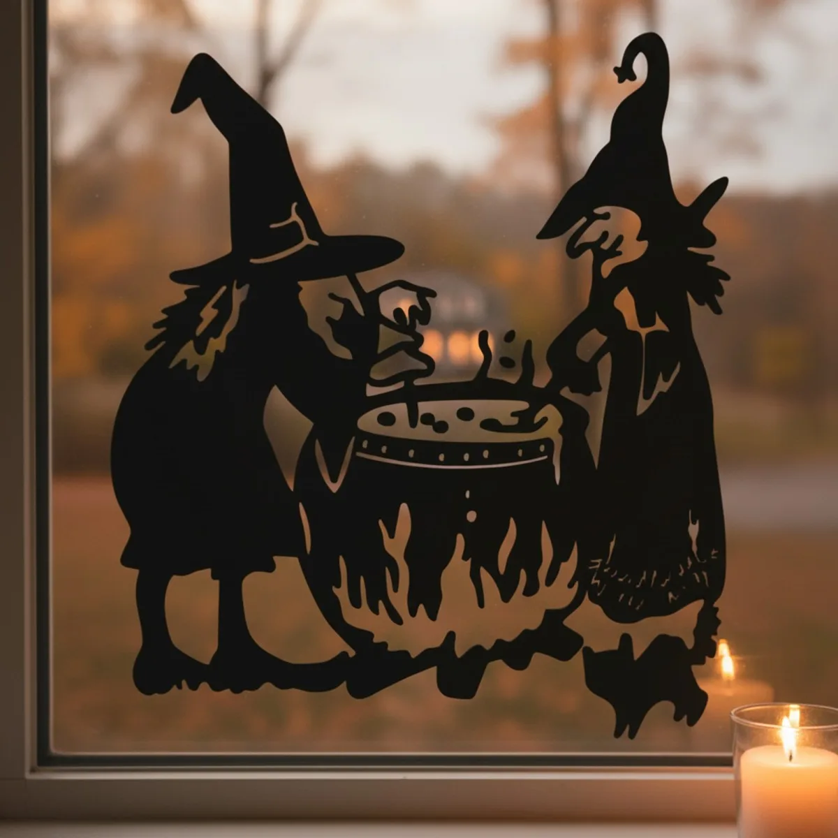 Hexen am Kessel Wandbild – zwei Hexen mit Kessel und Feuer – Birken-Sperrholz