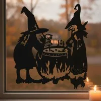 Hexen am Kessel Wandbild – zwei Hexen mit Kessel und Feuer – Birken-Sperrholz