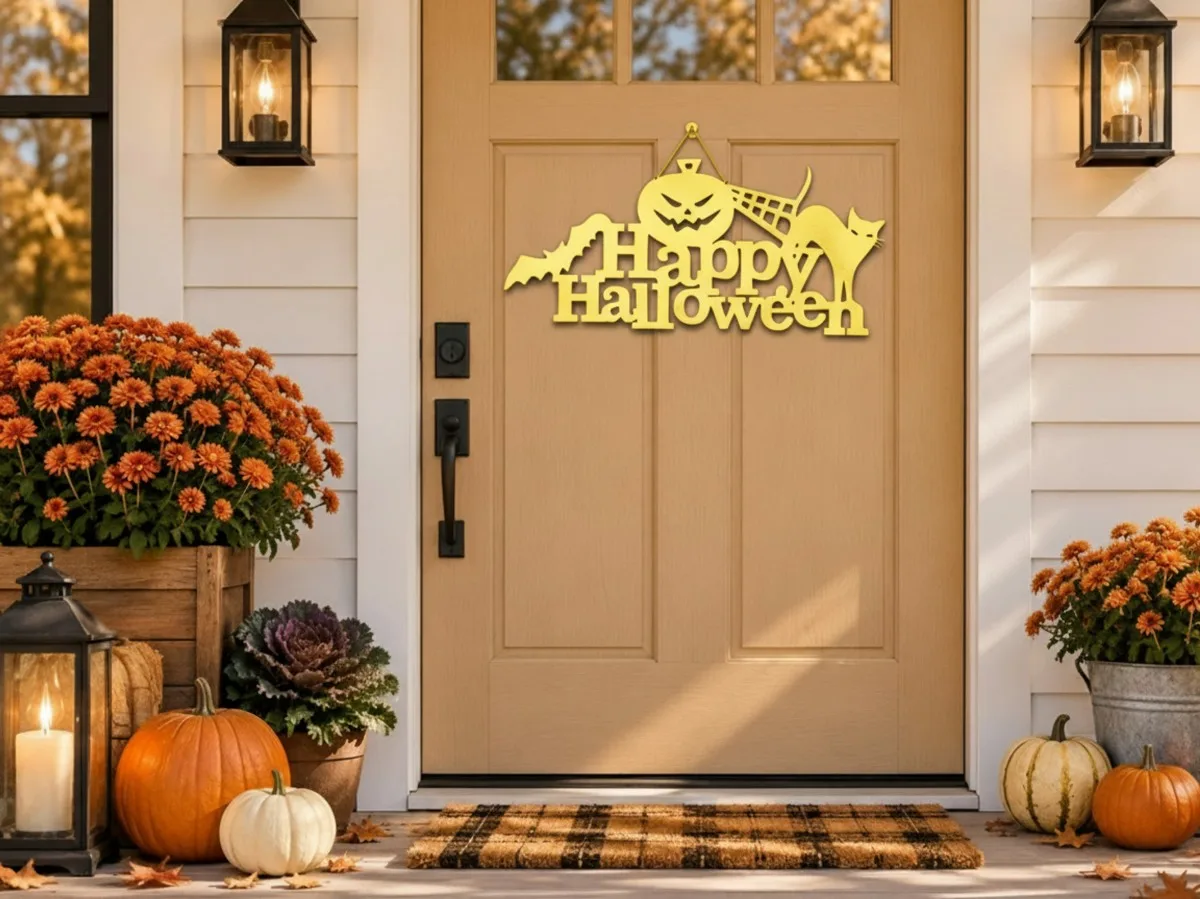 Happy Halloween bord van multiplex – Pompoen, zwarte kat & vleermuis