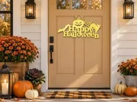 Happy Halloween bord van multiplex – Pompoen, zwarte kat & vleermuis