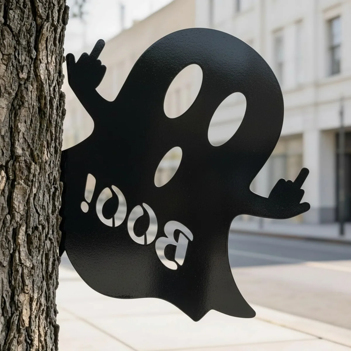 Halloween Frecher Geist Gartendeko – Lässiges BOO-Schild mit Stinkefinger 60 cm