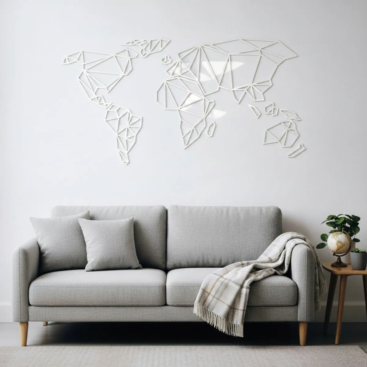 Origami World Map Plywood Wall Decor – Geometric Wireframe Map 100x50 cm