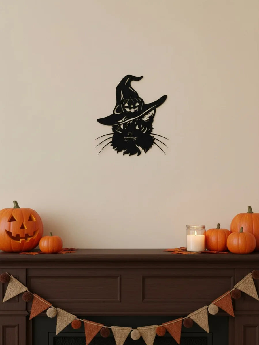 Kat in heksenhoed wanddecoratie – jack-o’-lantern op de hoed – berkenmultiplex