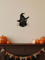 Kat in heksenhoed wanddecoratie – jack-o’-lantern op de hoed – berkenmultiplex