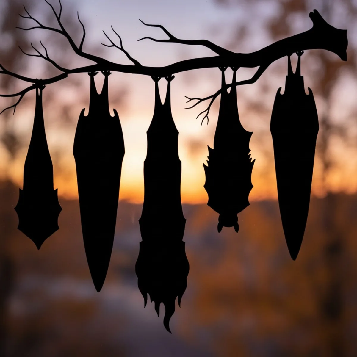 Hanging Bats Wall Art – 5 Spooky Bats Upside-Down on a Branch – Birch Plywood