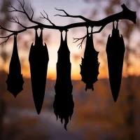 Hanging Bats Wall Art – 5 Spooky Bats Upside-Down on a Branch – Birch Plywood