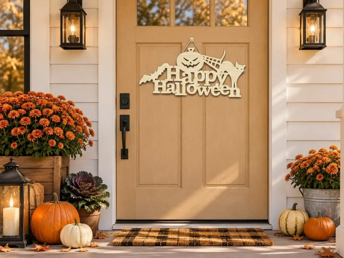 Happy Halloween bord van multiplex – Pompoen, zwarte kat & vleermuis