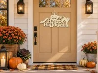 Happy Halloween bord van multiplex – Pompoen, zwarte kat & vleermuis