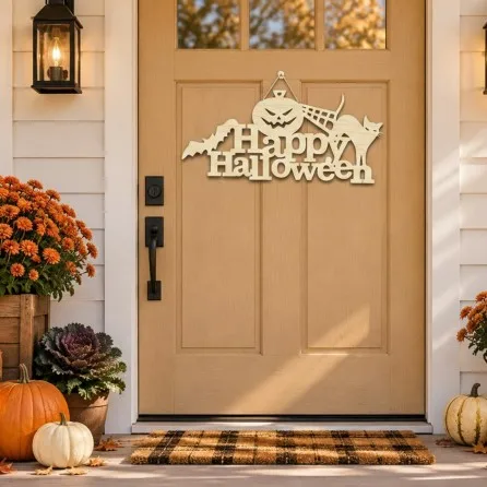 Happy Halloween bord van multiplex – Pompoen, zwarte kat & vleermuis