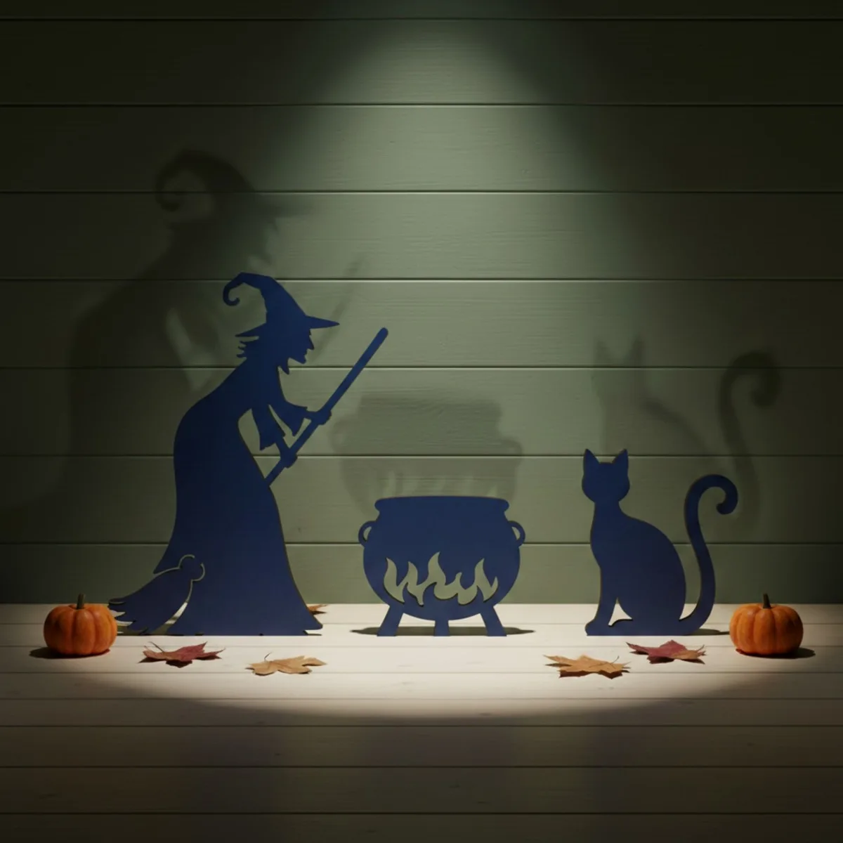 Witch with Cauldron and Cat — Halloween Wooden Silhouette Set