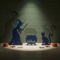 Witch with Cauldron and Cat — Halloween Wooden Silhouette Set