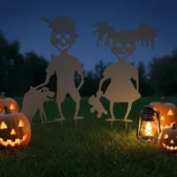 Gruselige Halloween-Kinder Gartenset – Zombie-Junge, Mädchen, Hund & Teddy
