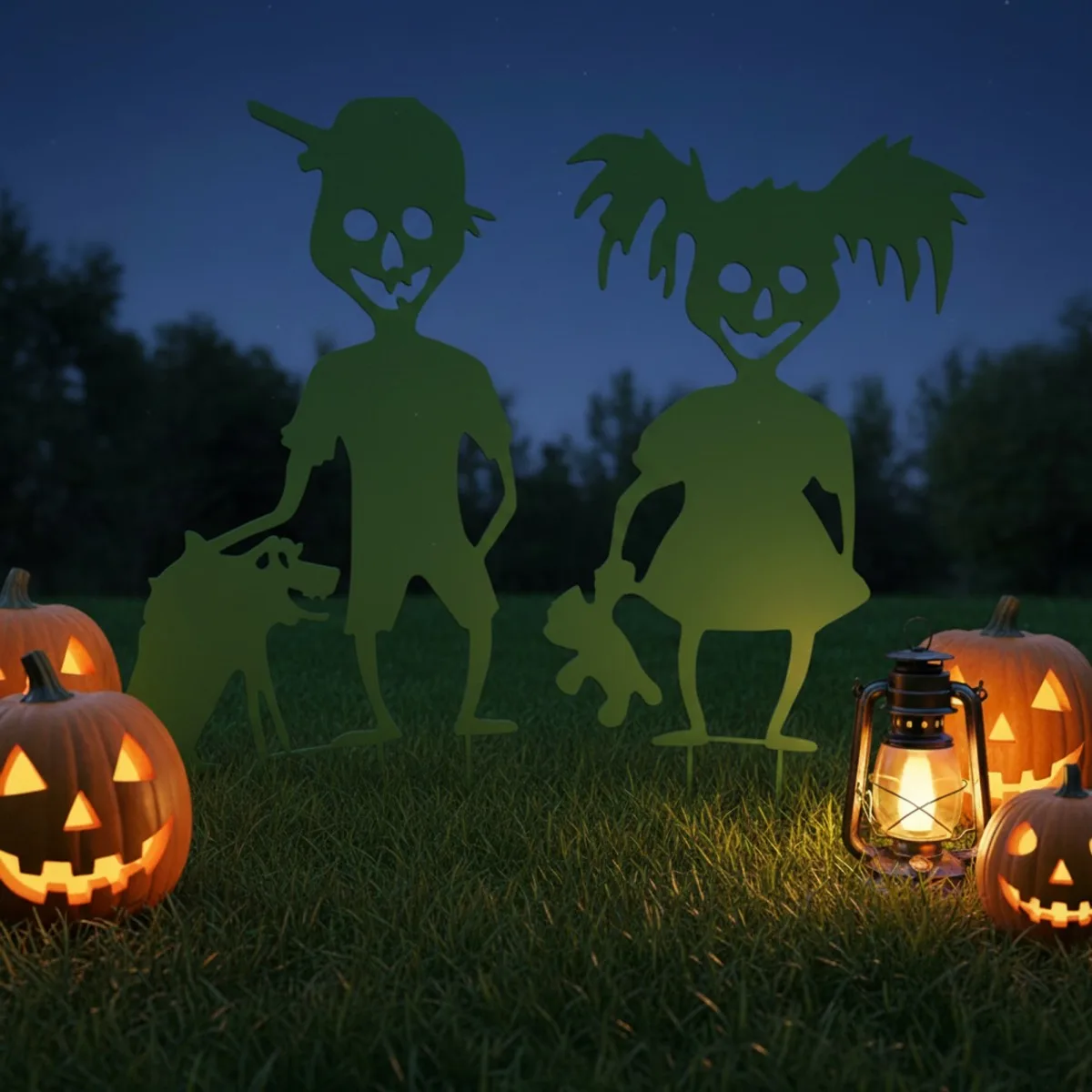 Gruselige Halloween-Kinder Gartenset – Zombie-Junge, Mädchen, Hund & Teddy