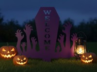 Pancarte Welcome Halloween pour jardin – cercueil avec mains de zombie 60×75 cm